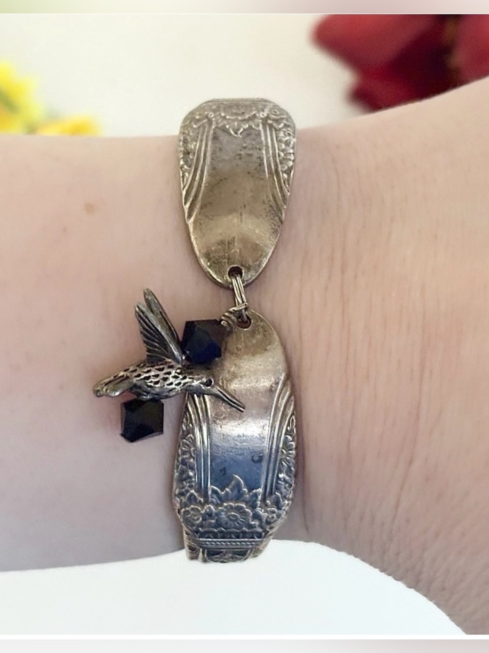 Antique Silver-Plated Hummingbird Spoon Bracelet-Etched Floral Bird Charm Bangle
